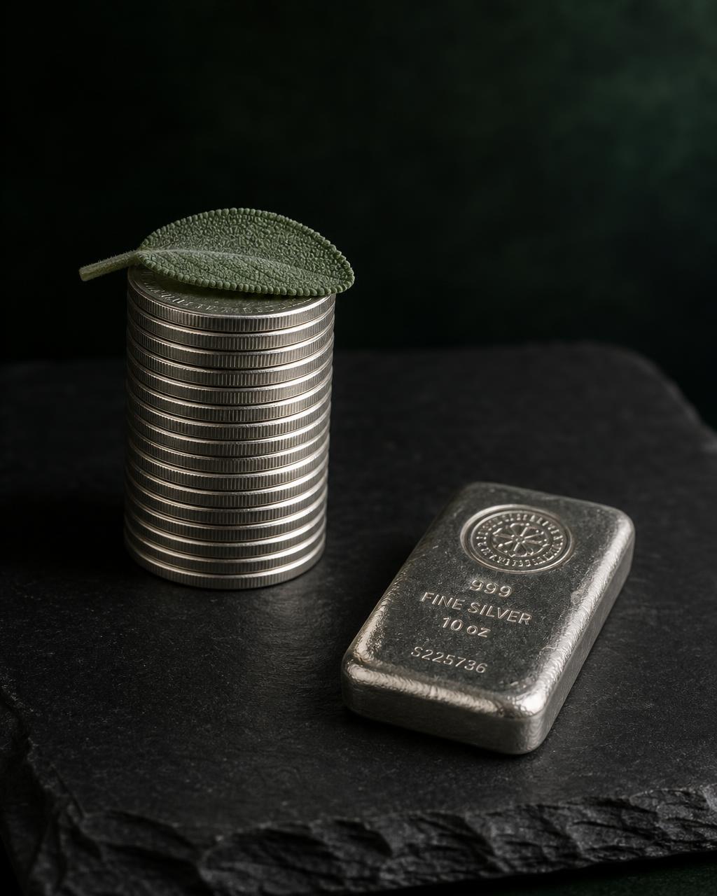 A stack of fine silver rounds and a cast silver bar on dark stone with a fresh sage leaf resting on top